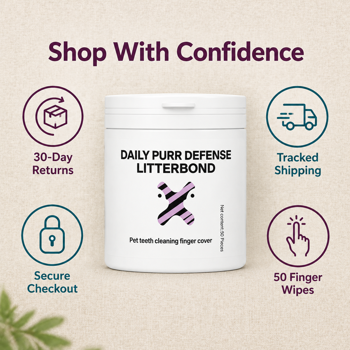 LitterBond PurrWipes Dental Finger Wipes 50 ct - 30-day returns, tracked shipping, secure checkout