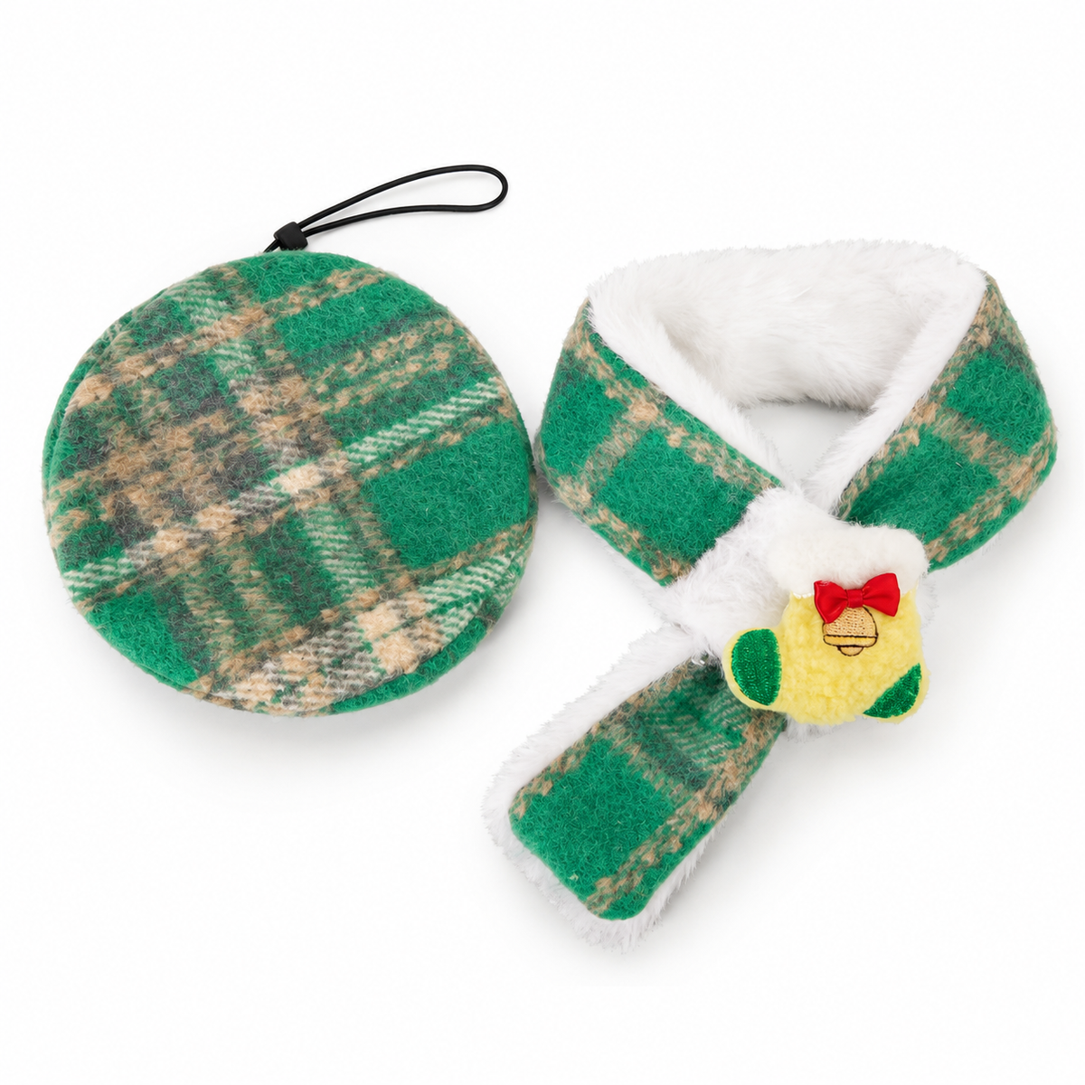 Plaid Christmas Beret & Scarf Set - Green Plaid Stocking