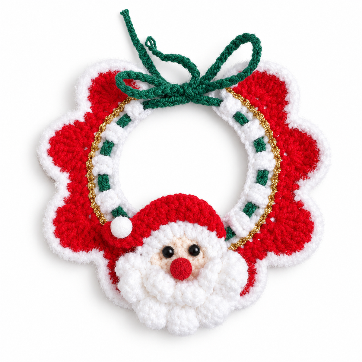 Gold-Thread Santa Wreath Collar - Red Ruffle Red Hat