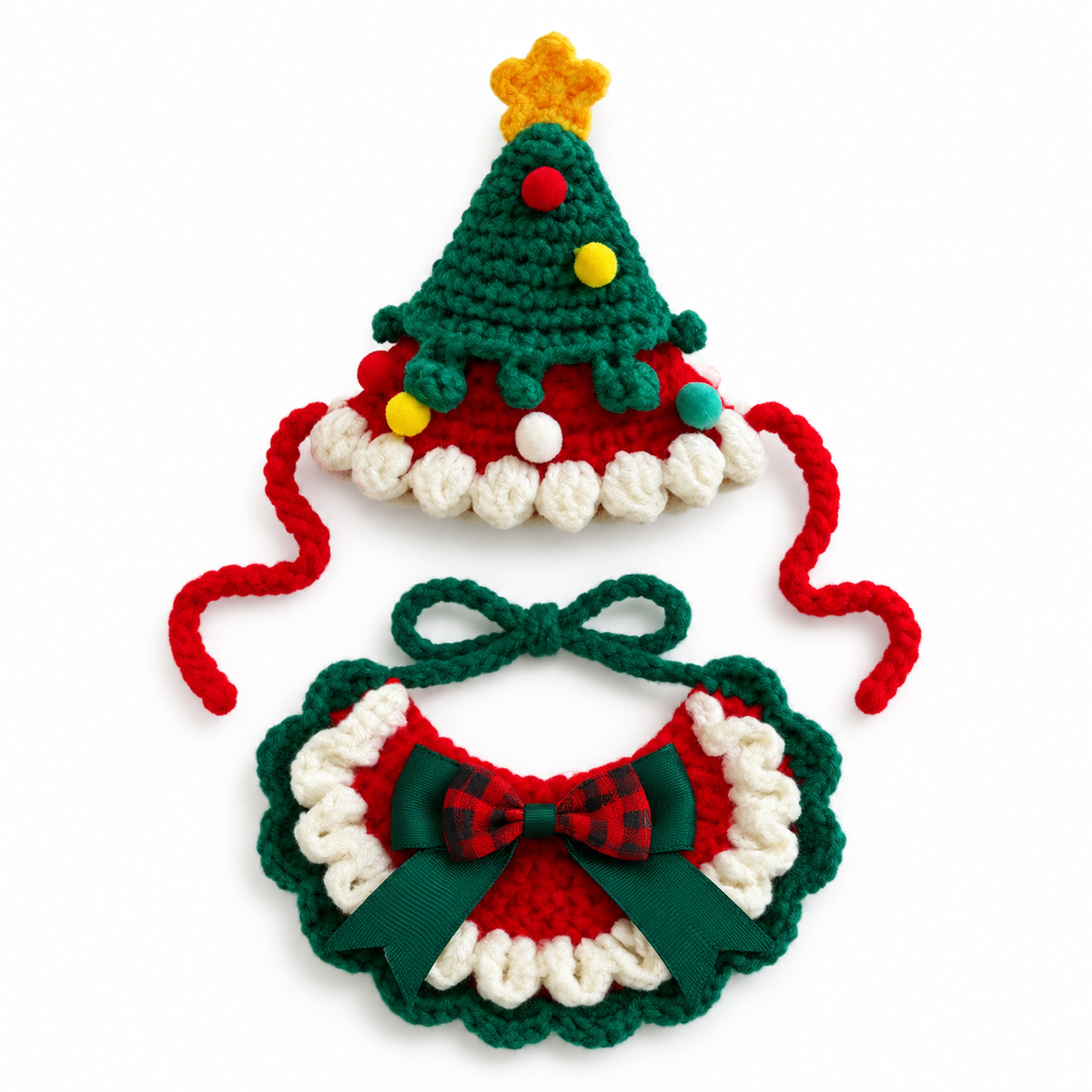 Star-Top Tree Hat & Collar Set - Green Plaid Bow