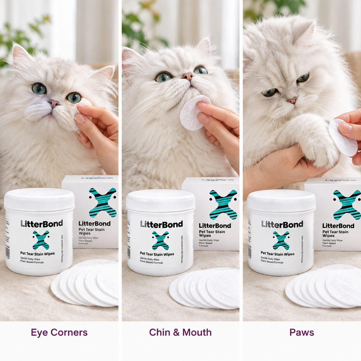 LitterBond Tear Stain Wipes 120 ct - three ways to use it
