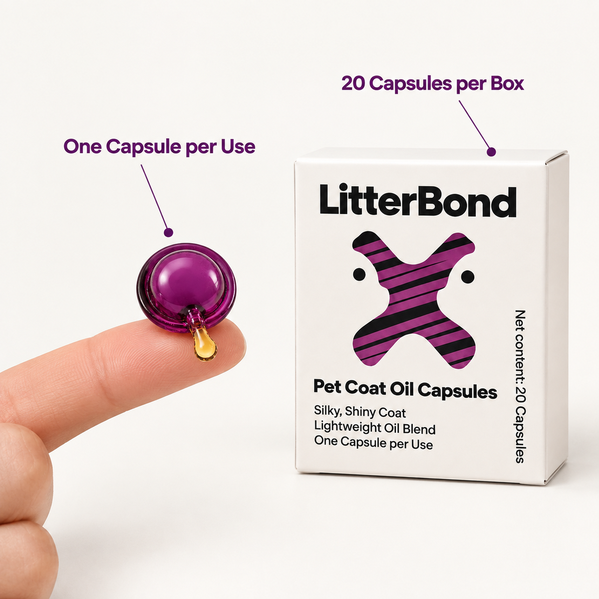 LitterBond Coat Oil Capsules 20 ct - size and materials