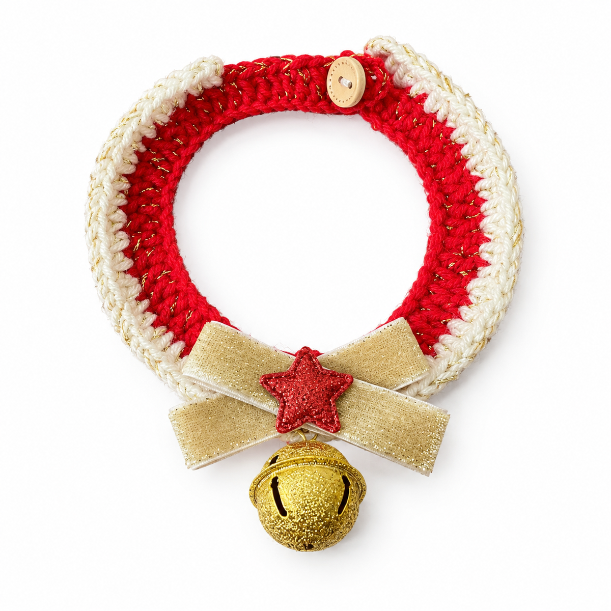 Velvet Bow Crochet Lace Collar - Red Band, Gold Bow & Bell