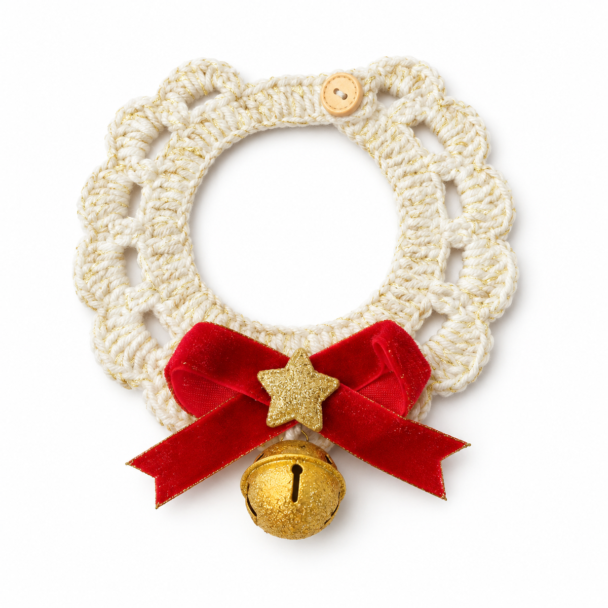 Velvet Bow Crochet Lace Collar - Ivory, Red Bow & Bell