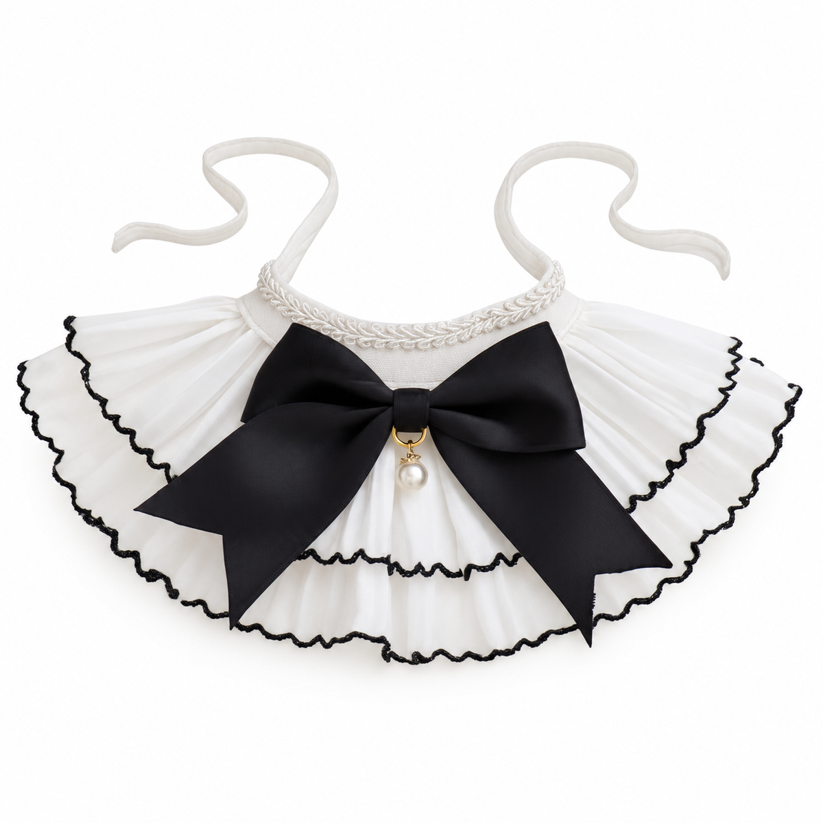 Black Bow Pleated Chiffon Collar - Black Bow White Ruffle