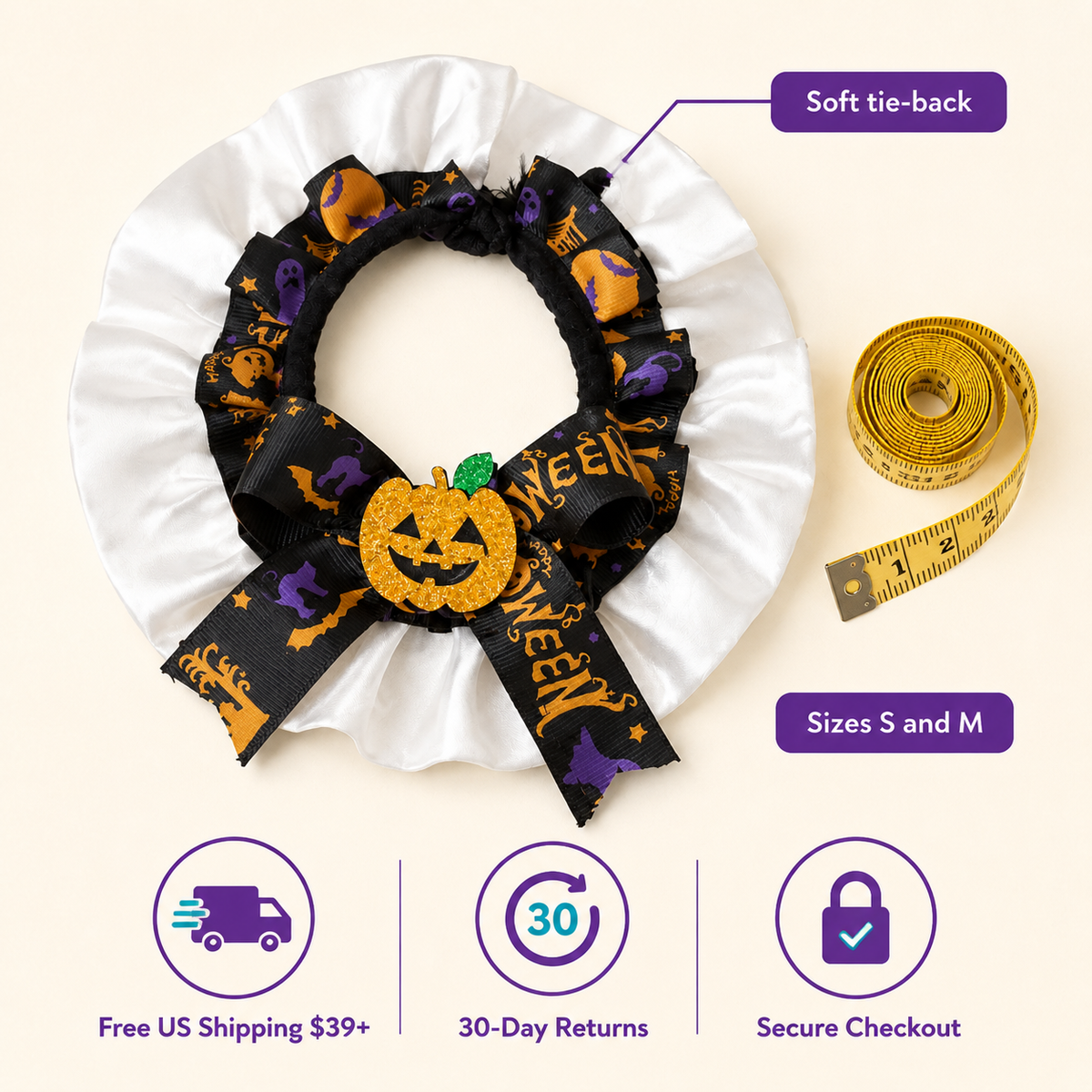 LitterBond Satin Ruffle Halloween Bow Collar - size and store policies