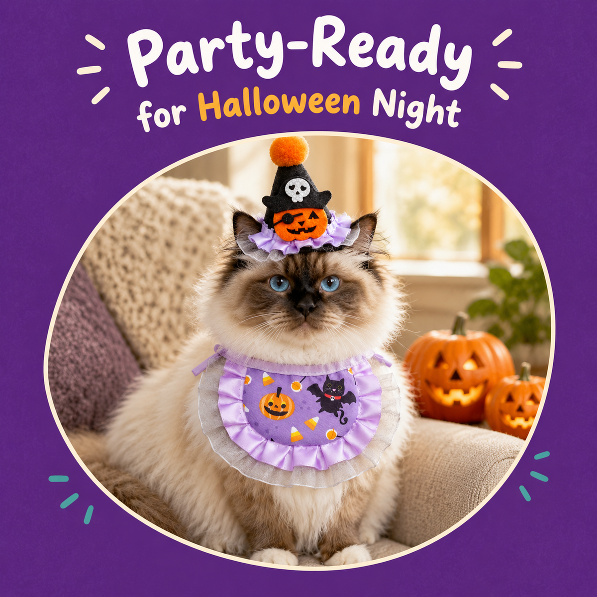 LitterBond Halloween Bib & Party Hat Set - how it looks on a cat