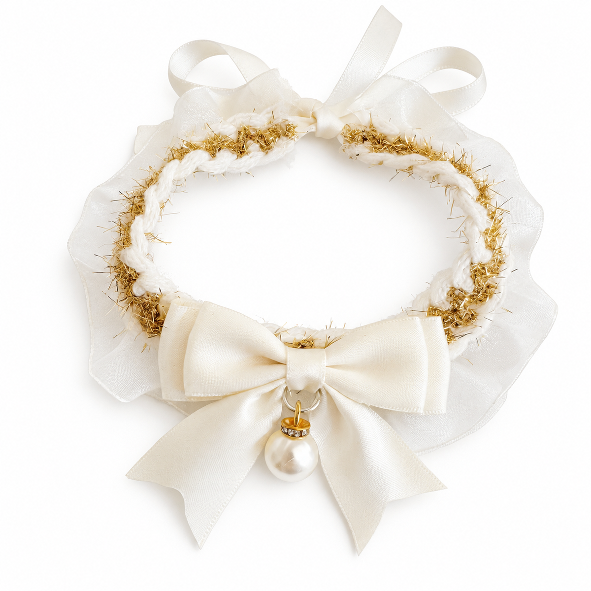 Satin Camellia Ruffle Collar - Cream Satin Bow
