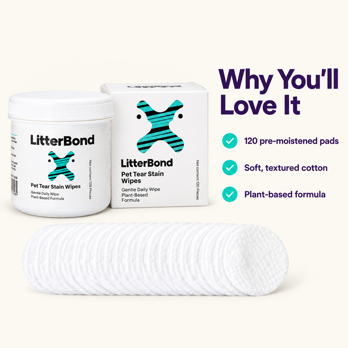LitterBond Tear Stain Wipes 120 ct - key features