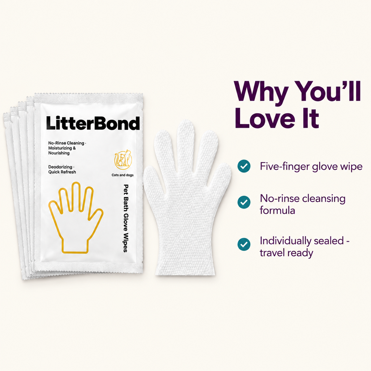 LitterBond Waterless Bath Glove Wipes 5 gloves - key features