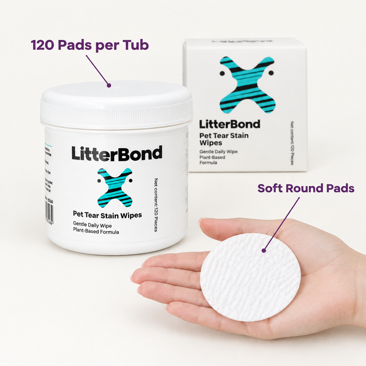 LitterBond Tear Stain Wipes 120 ct - size and materials