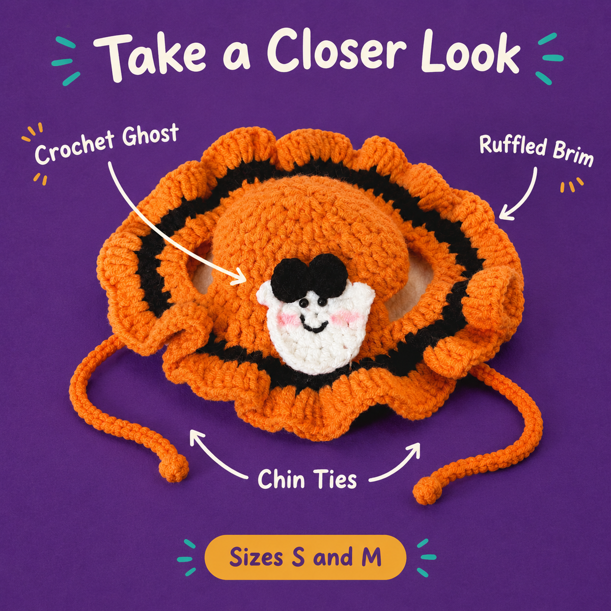 LitterBond Crochet Ruffle-Brim Halloween Hat - close-up details