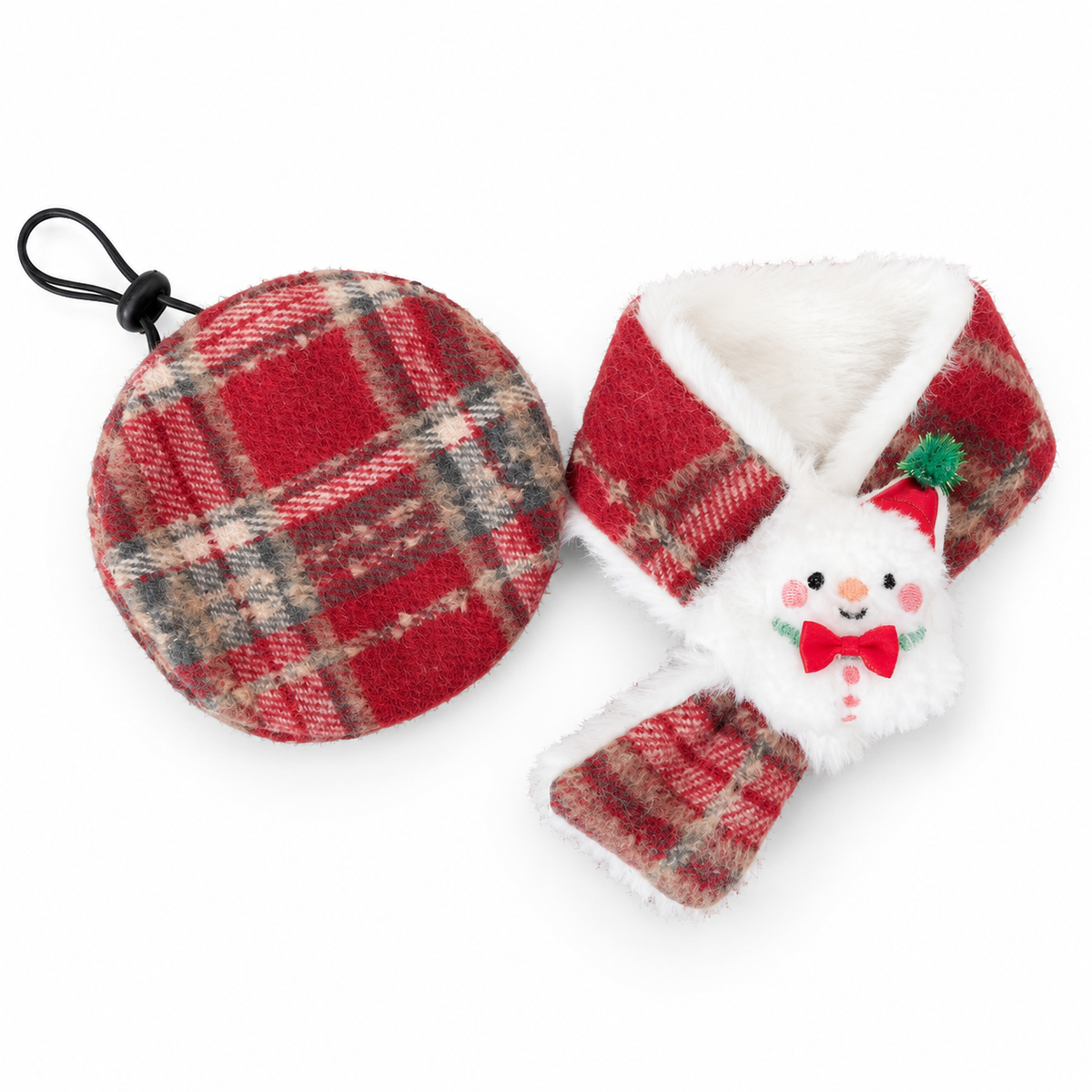 Plaid Christmas Beret & Scarf Set - Red Plaid Snowman