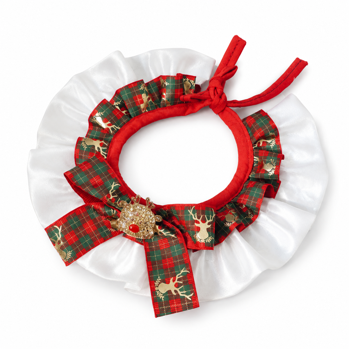 Satin Frill Ribbon Bow Collar - Red Plaid Reindeer