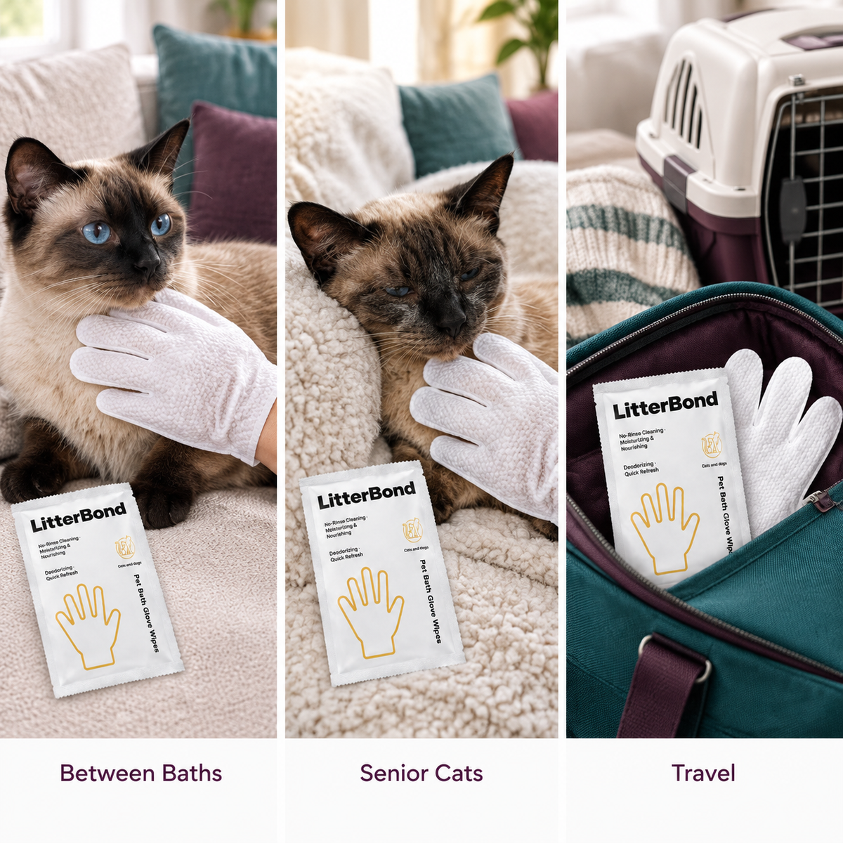 LitterBond Waterless Bath Glove Wipes 5 gloves - three ways to use it