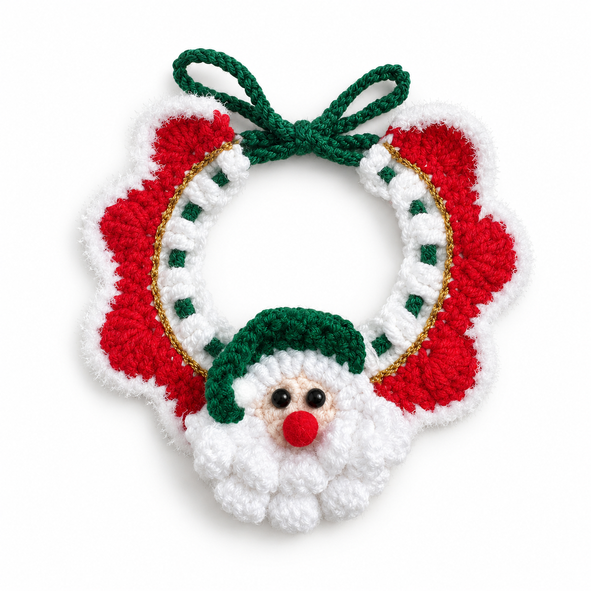 Gold-Thread Santa Wreath Collar - Red Ruffle Green Hat