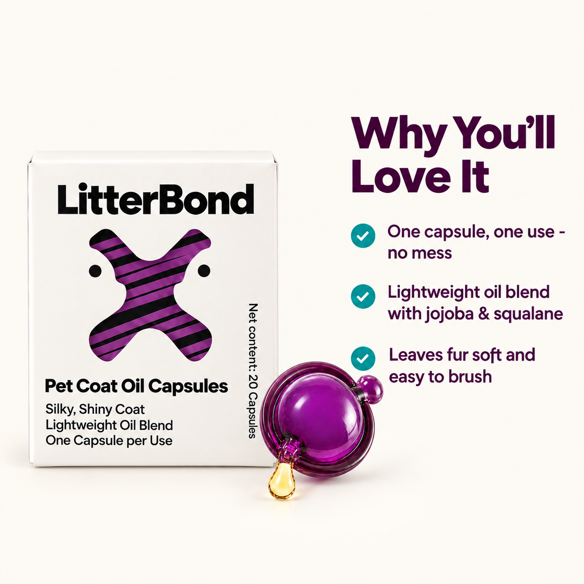 LitterBond Coat Oil Capsules 20 ct - key features