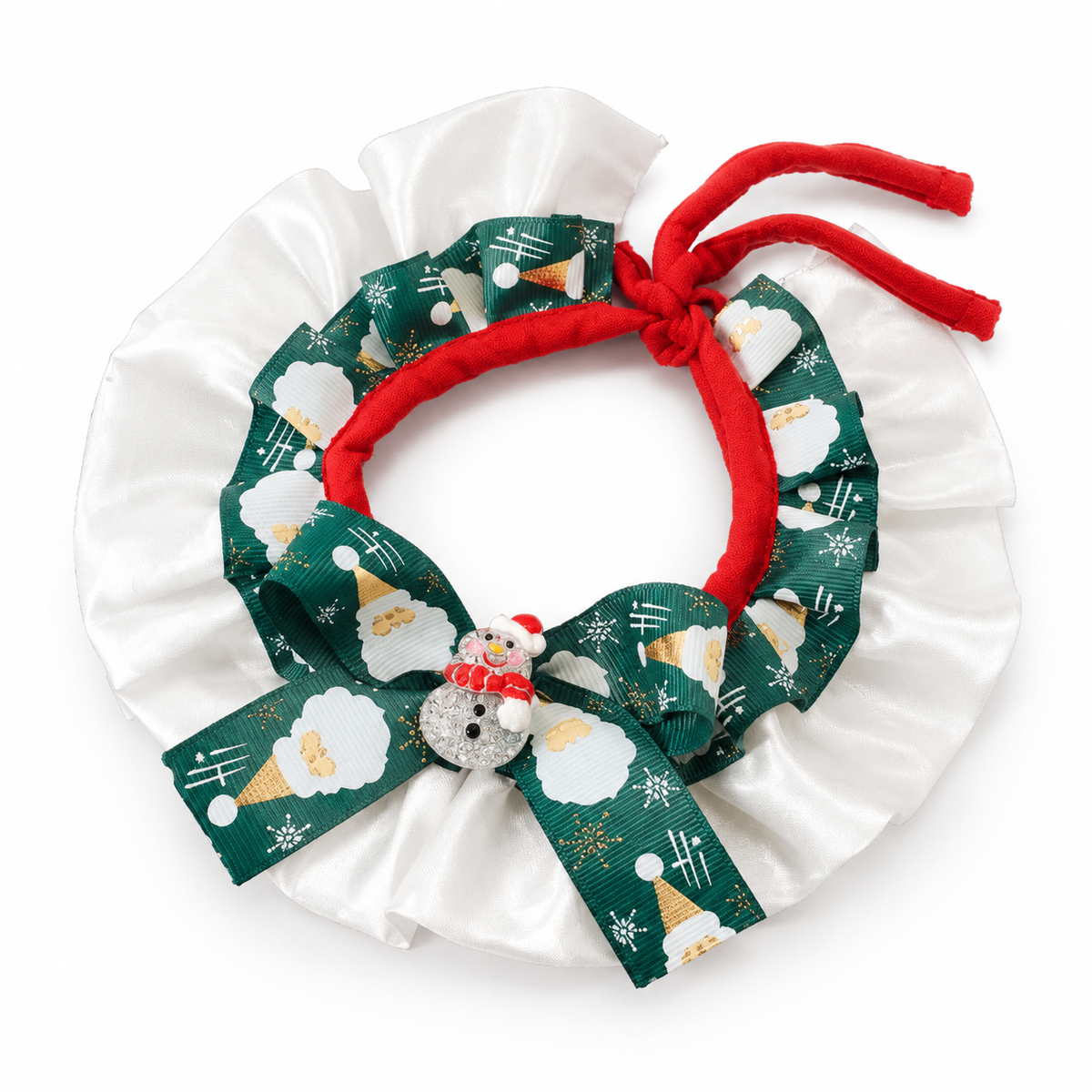 Satin Frill Ribbon Bow Collar - Green Snowman