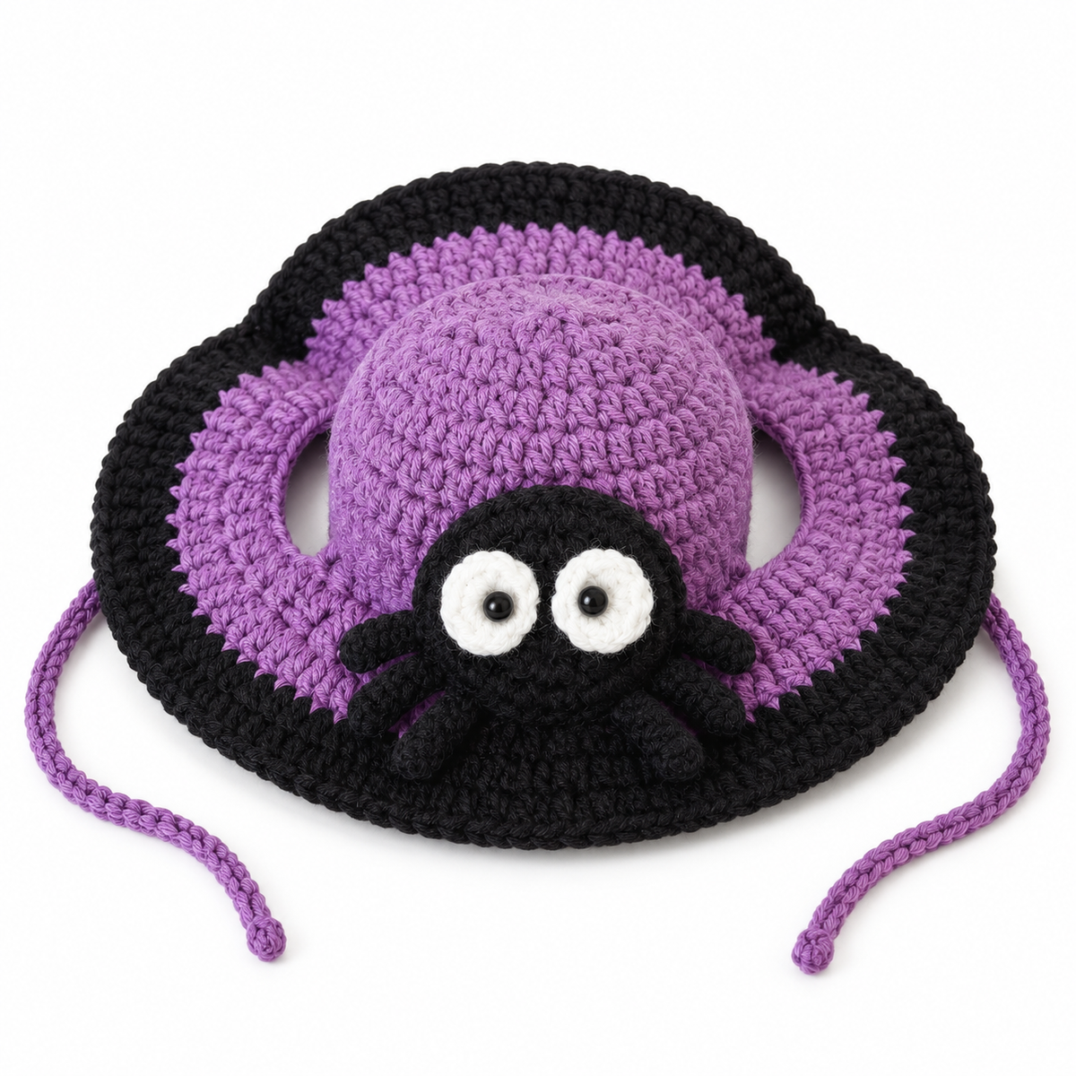 LitterBond Crochet Ruffle-Brim Halloween Hat Purple Spider on white background