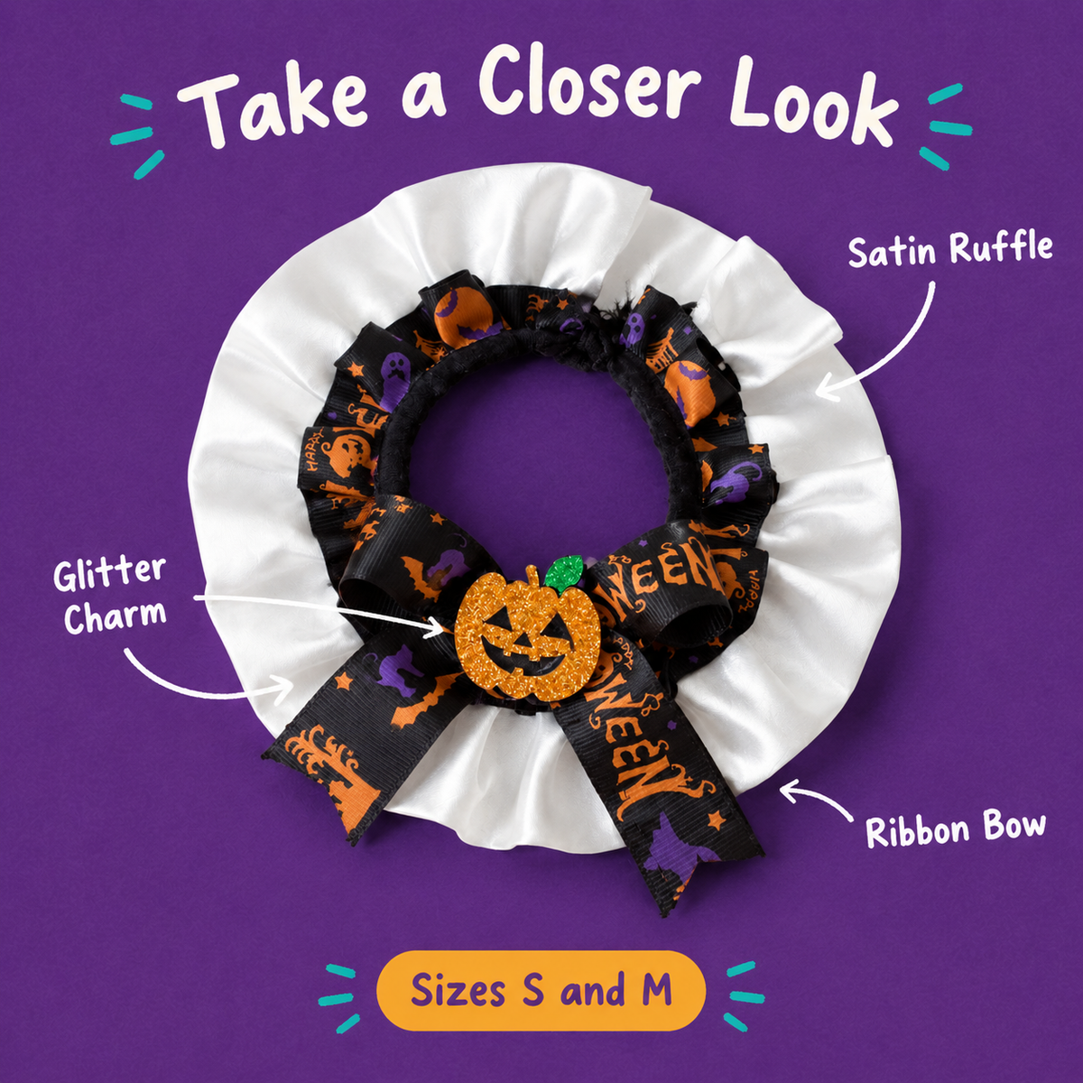 LitterBond Satin Ruffle Halloween Bow Collar - close-up details