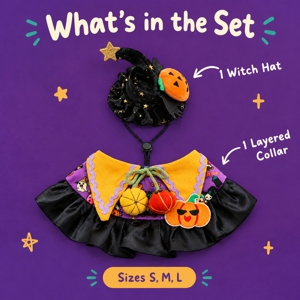 LitterBond Little Witch Collar & Hat Set - close-up details
