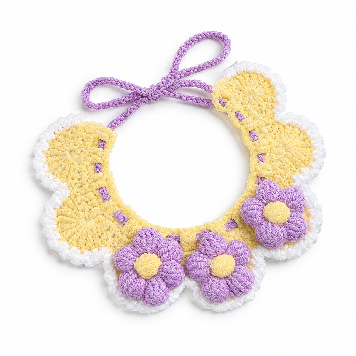 Puff Flower Crochet Collar - Lavender on Yellow
