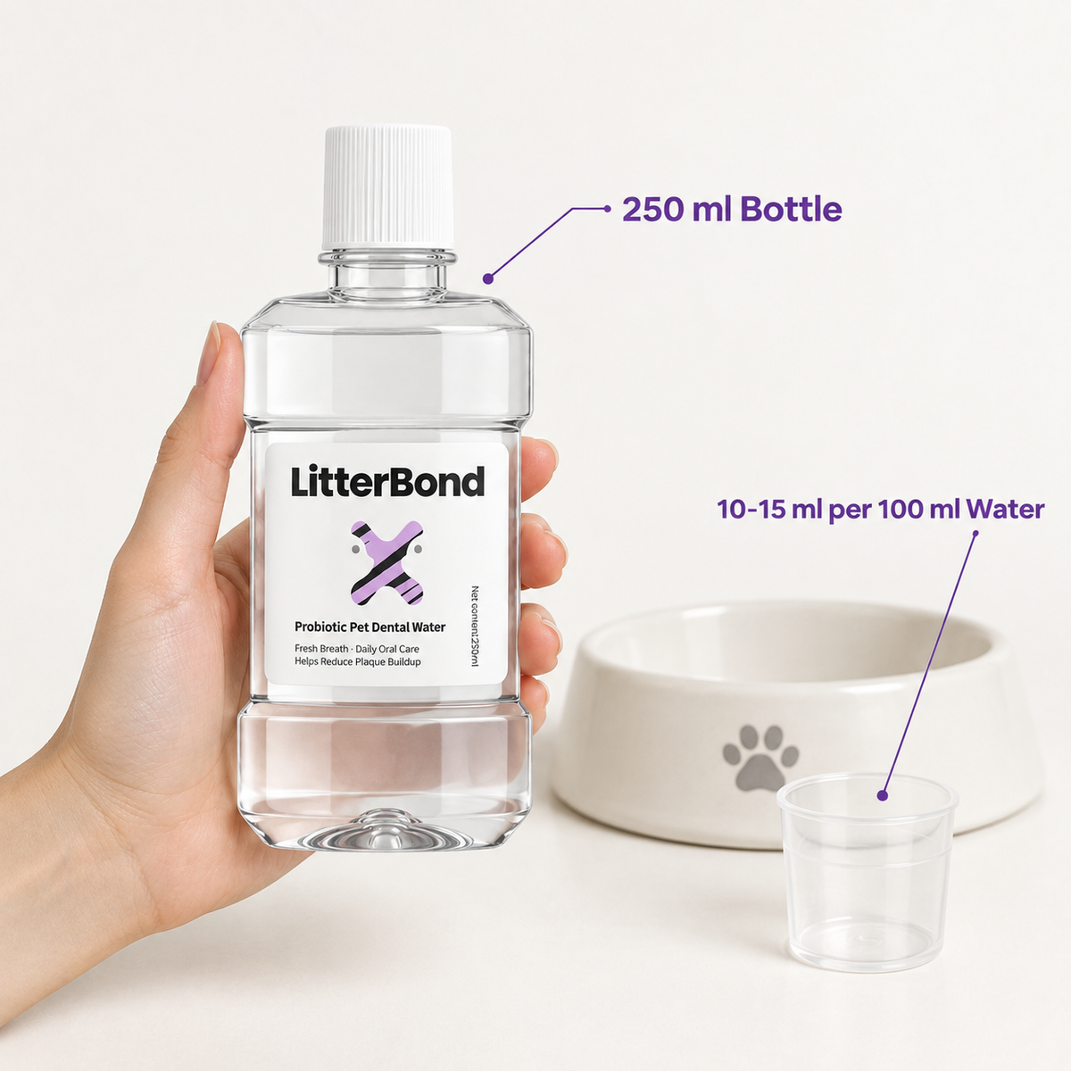 LitterBond Dental Water Additive 250 ml - size and materials
