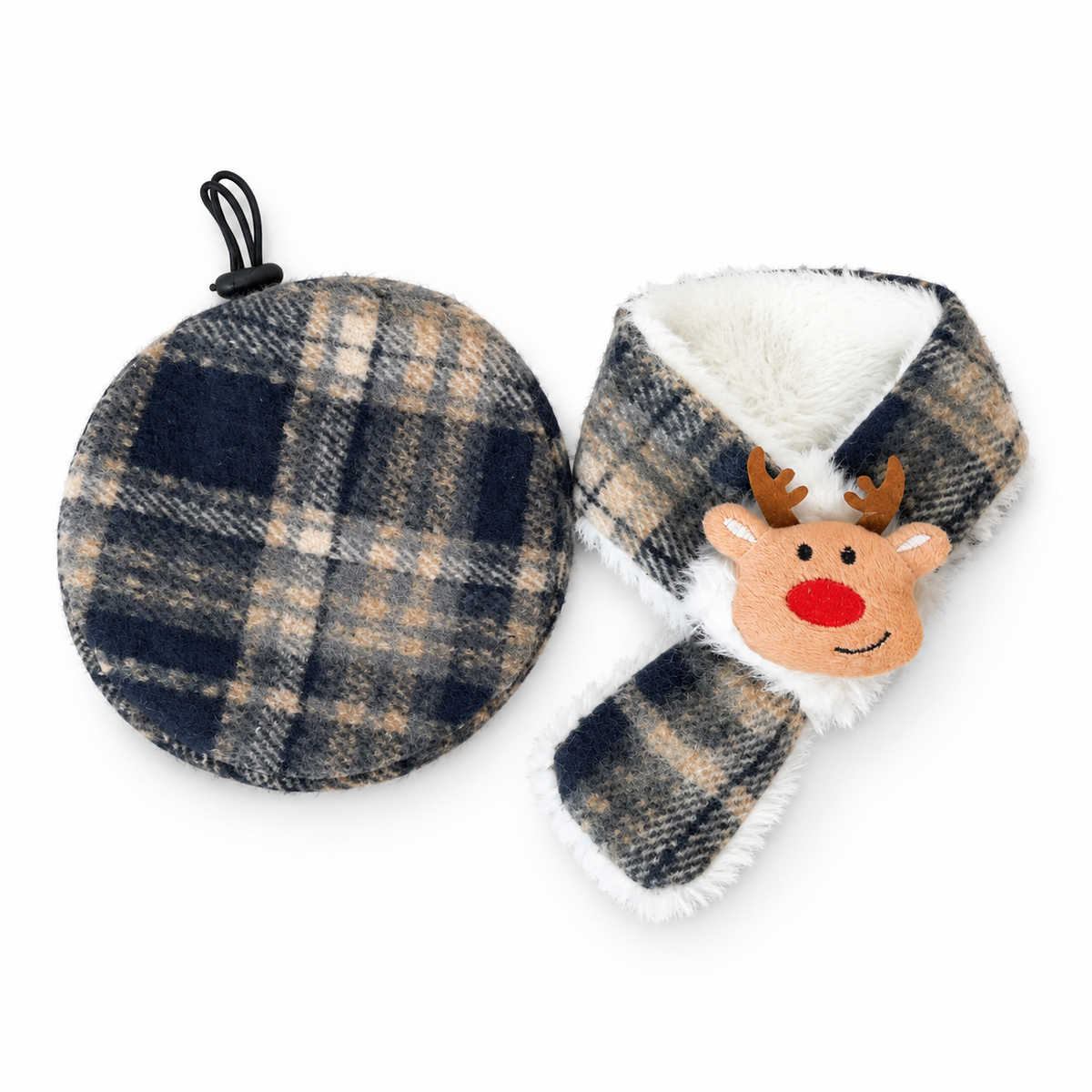 Plaid Christmas Beret & Scarf Set - Navy Plaid Reindeer