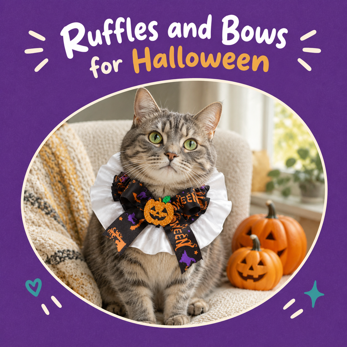 LitterBond Satin Ruffle Halloween Bow Collar - how it looks on a cat
