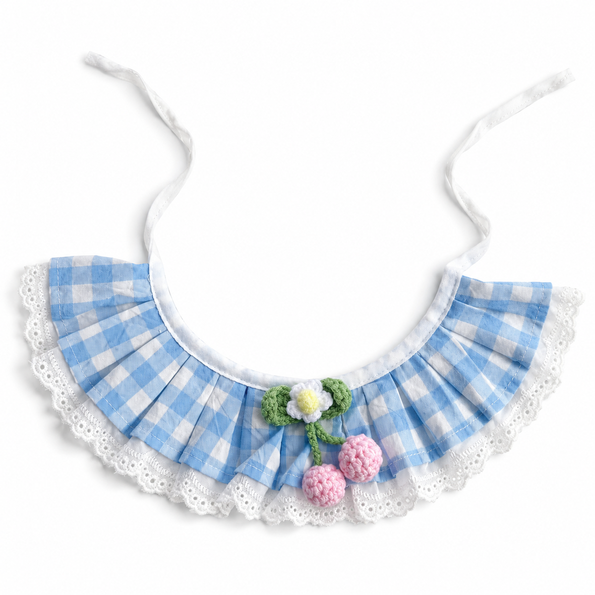 Pleated Gingham Cherry Collar - Blue Gingham