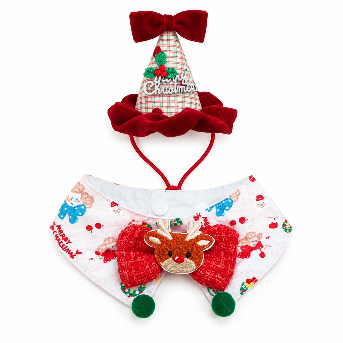 Christmas Party Hat & Bow Bib Set - Reindeer Bow Set