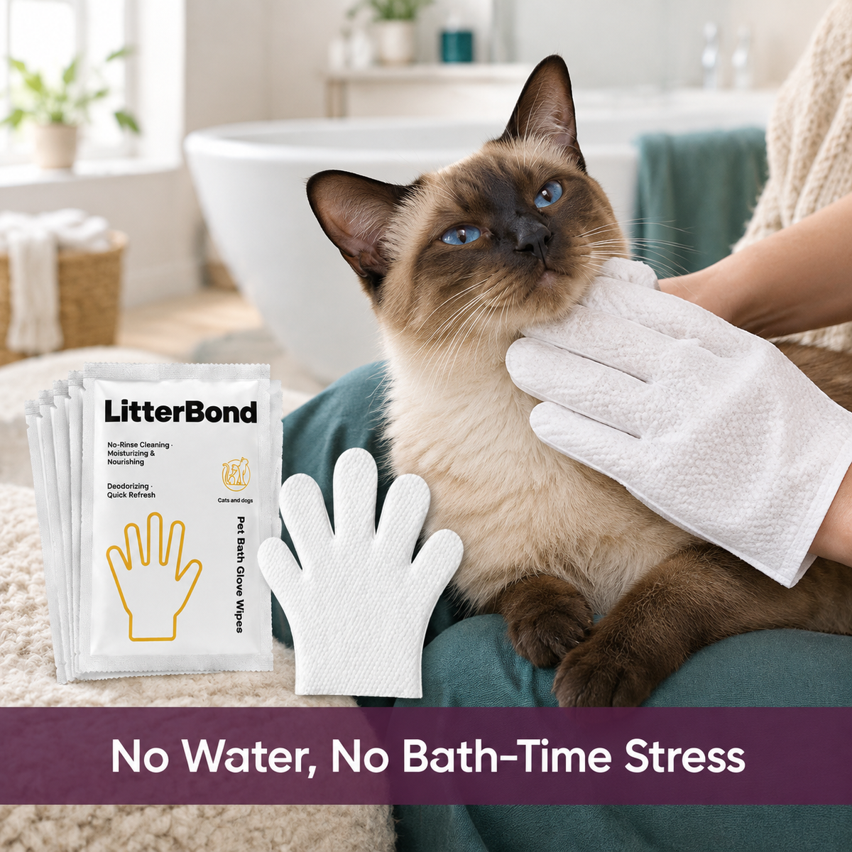 LitterBond Waterless Bath Glove Wipes 5 gloves - easy to use