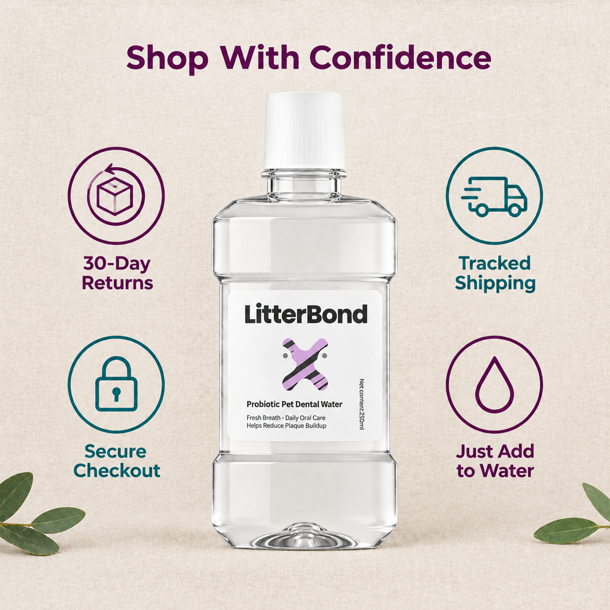 LitterBond Dental Water Additive 250 ml - 30-day returns, tracked shipping, secure checkout