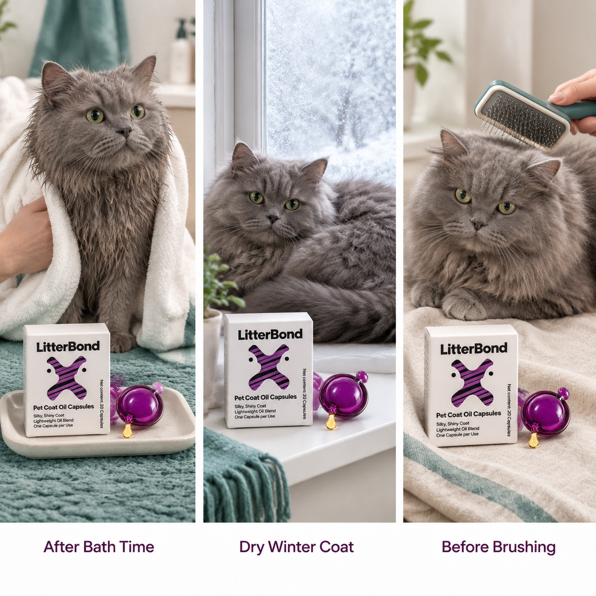 LitterBond Coat Oil Capsules 20 ct - three ways to use it