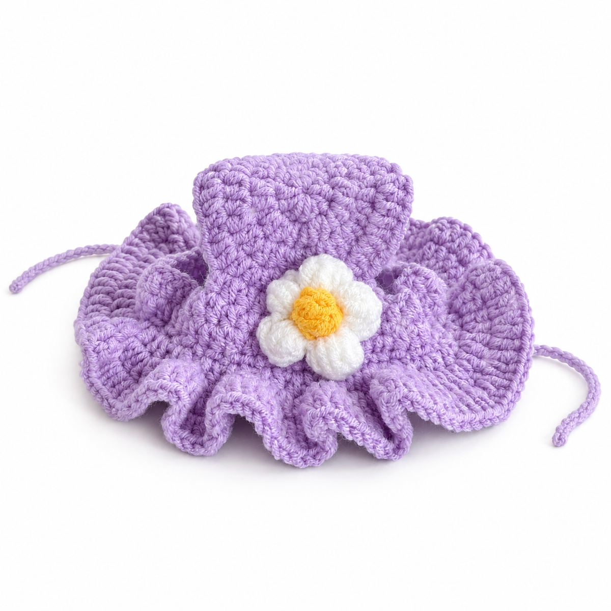 LitterBond Crochet Ruffle-Brim Halloween Hat Purple Daisy on white background