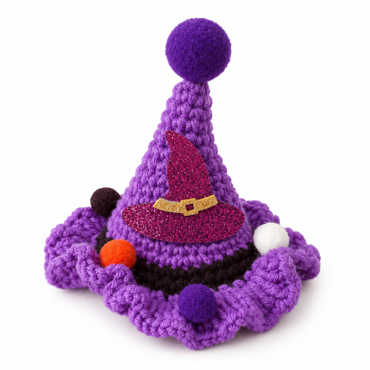 LitterBond Crochet Halloween Witch Hat Purple Witch on white background