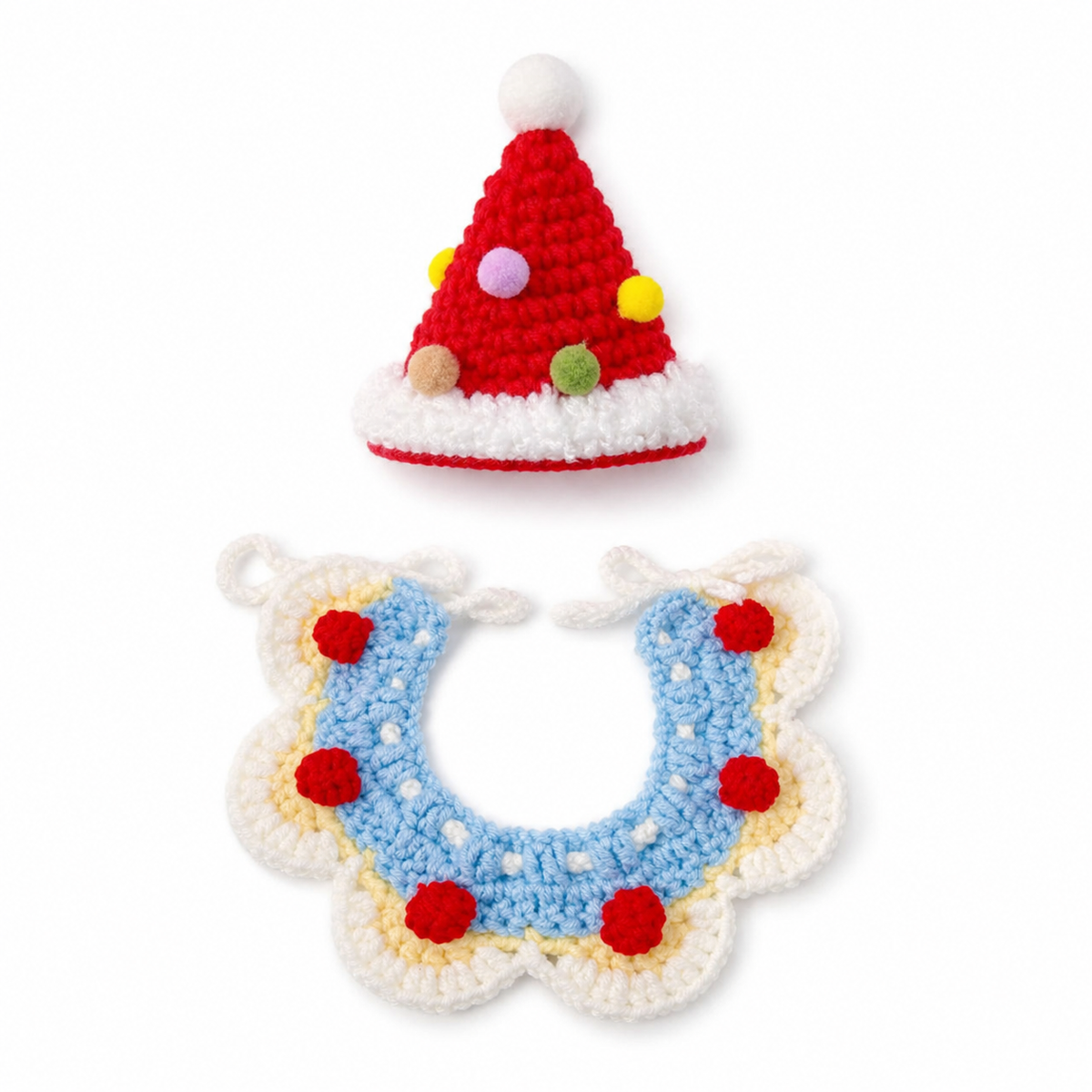 Crochet Party Hat & Collar Options - Red Hat & Blue Bobble Collar Set