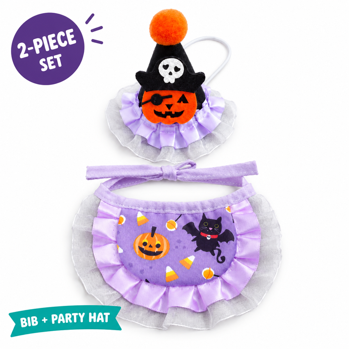 LitterBond Halloween Bib & Party Hat Set - main features