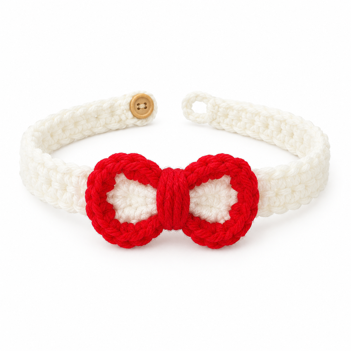 Crochet Bow Button Collar - Ivory Red Bow