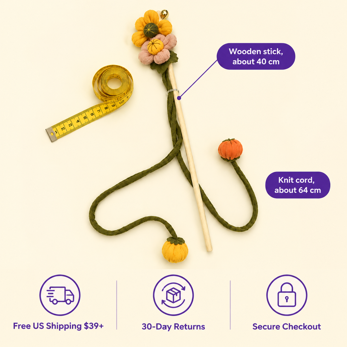 LitterBond Knit Flower & Pumpkin Wand Toy - size and store policies