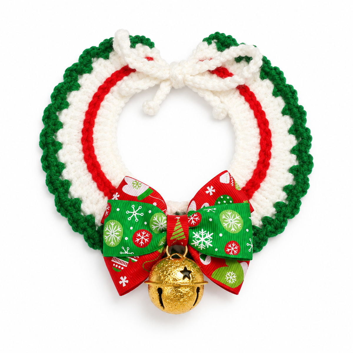Gold Jingle Bell Ribbon Collar - Print Bow Green Edge