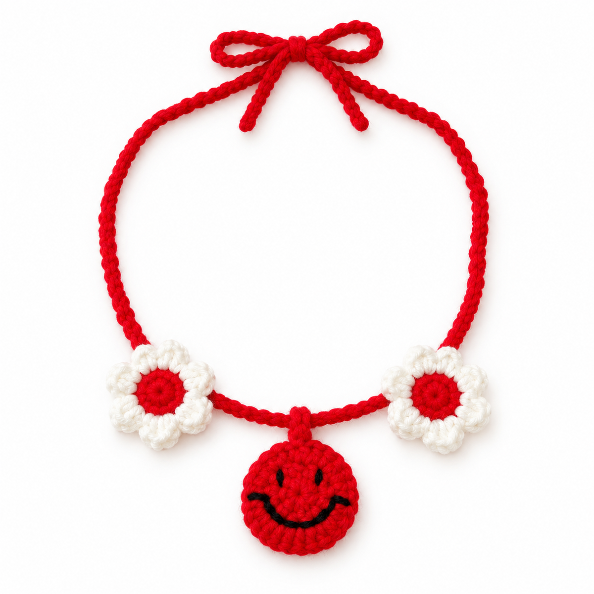 Daisy Happy Face Crochet Collar - Cherry Red