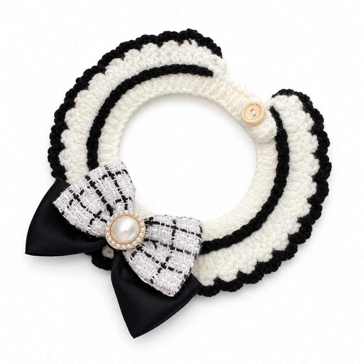 Tweed Bow Crochet Collar - Pearl White Tweed