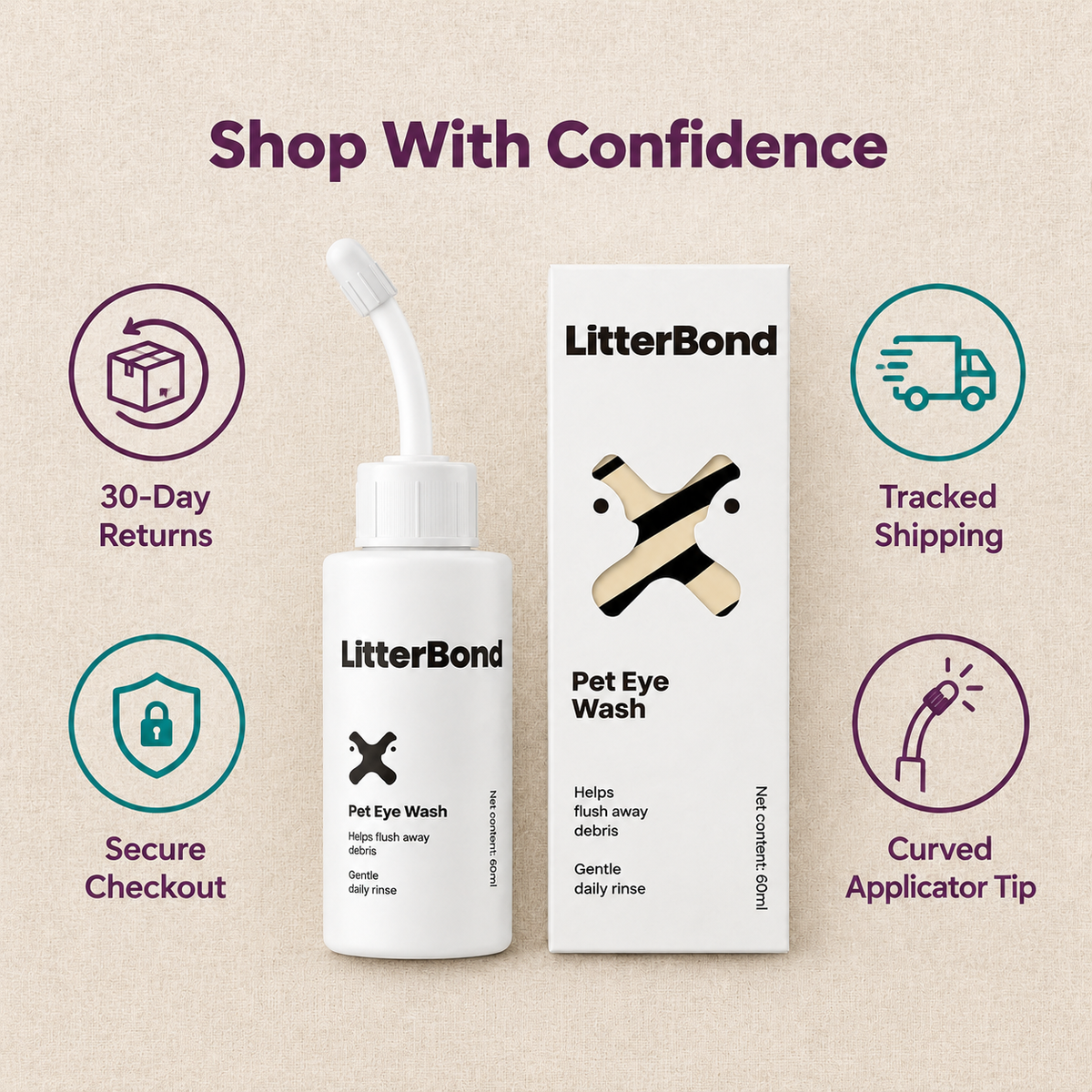 LitterBond Eye Wash 60 ml - 30-day returns, tracked shipping, secure checkout