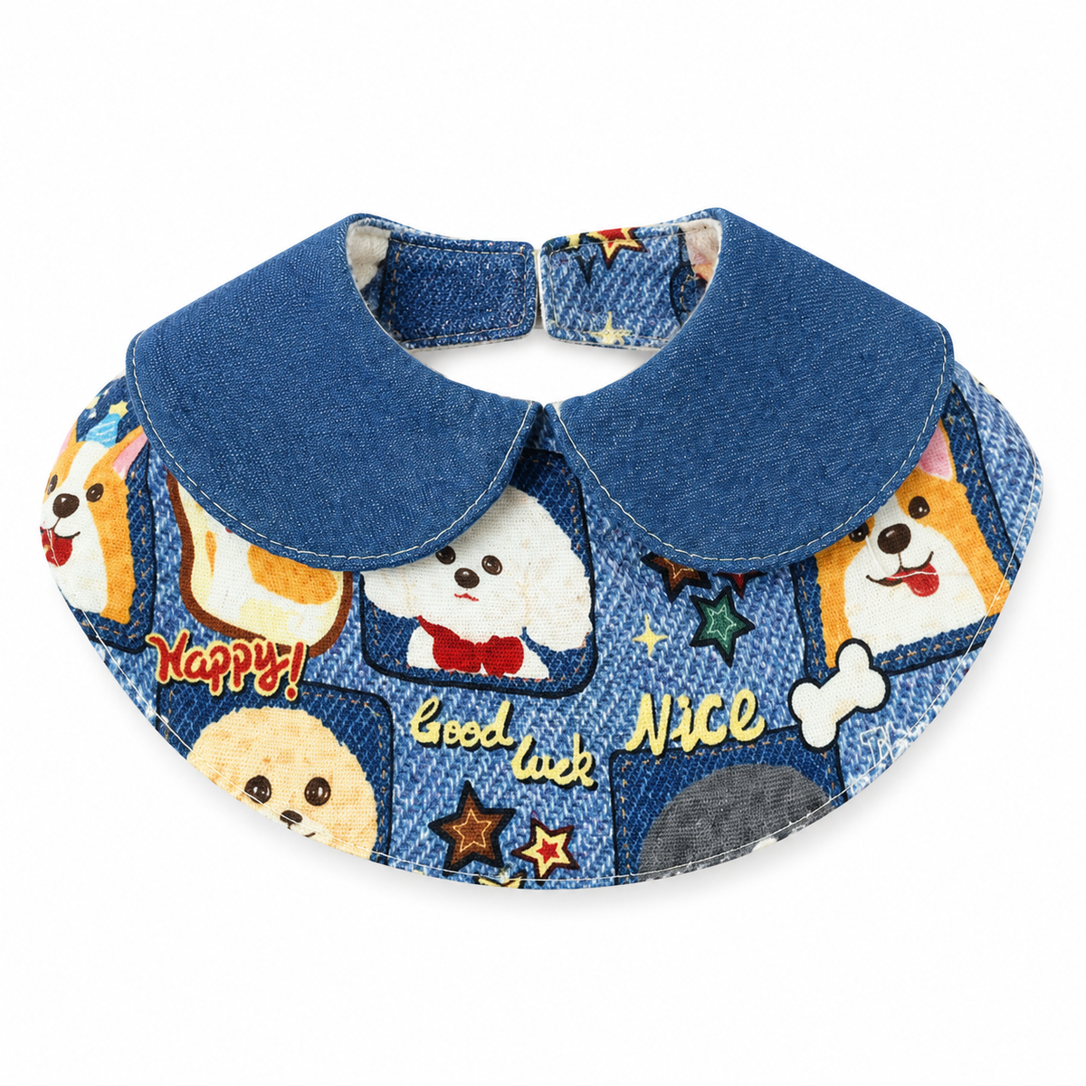 Puppy Print Bandana & Collar - Blue Foldover Collar