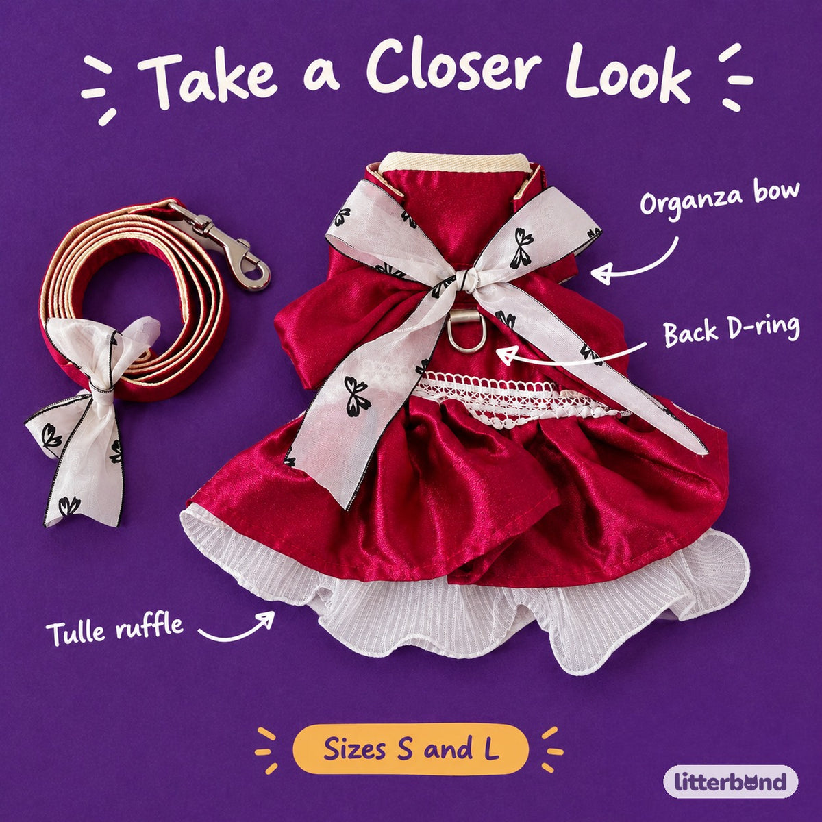 Satin Bow Dress Harness & Leash - close-up details