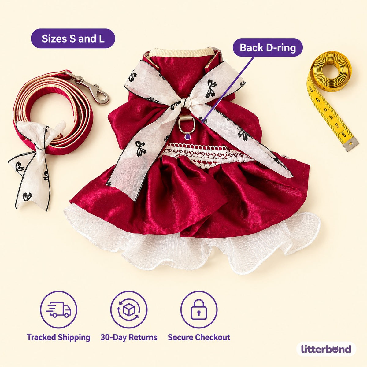 Satin Bow Dress Harness & Leash - size and details