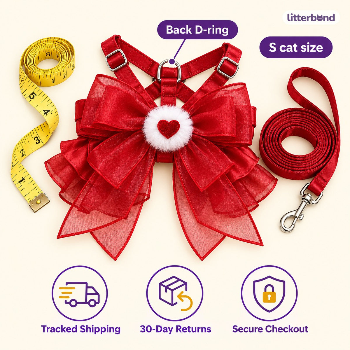 Sheer Ribbon Bow Harness Set - size and details
