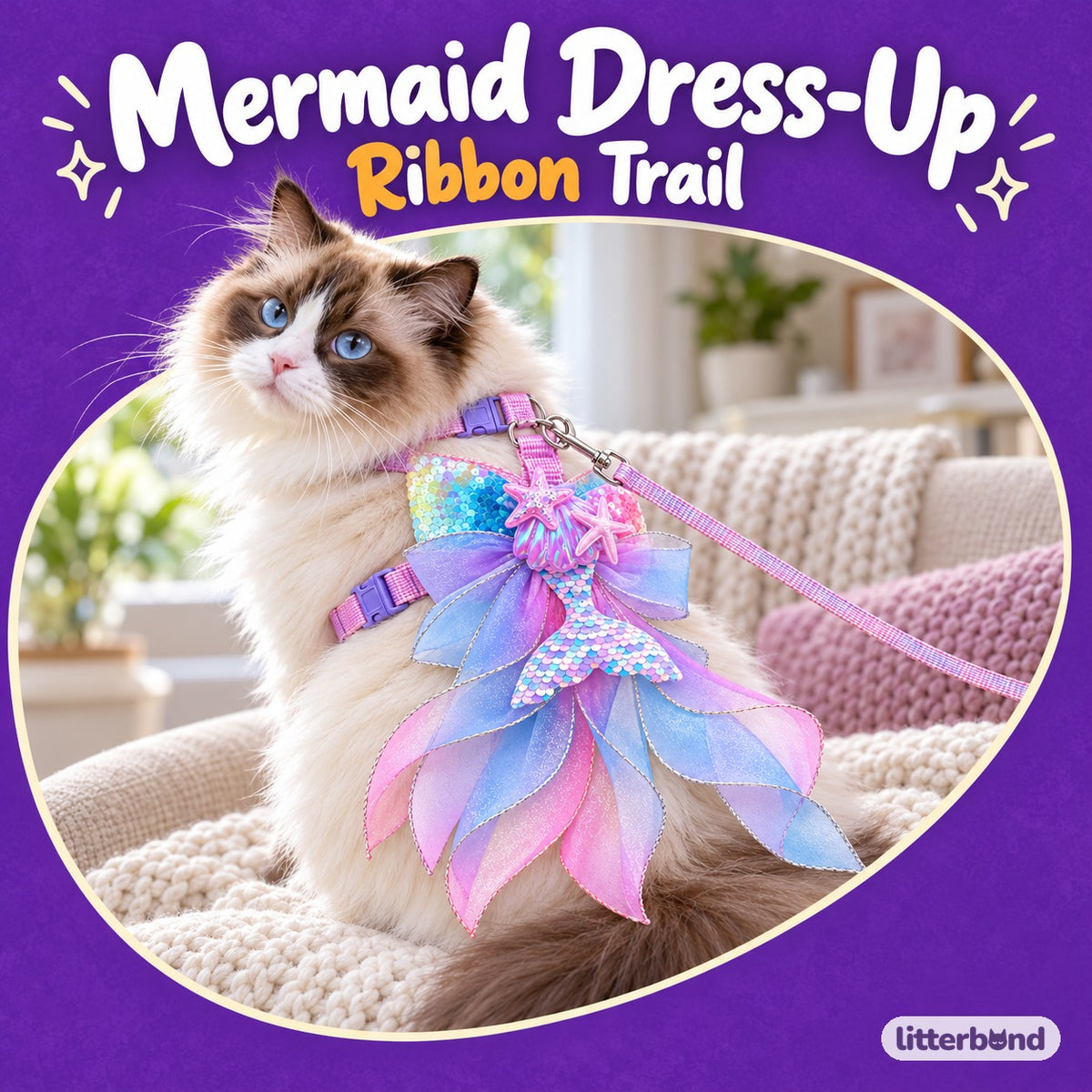 Pastel Mermaid Harness for Walks on a cat