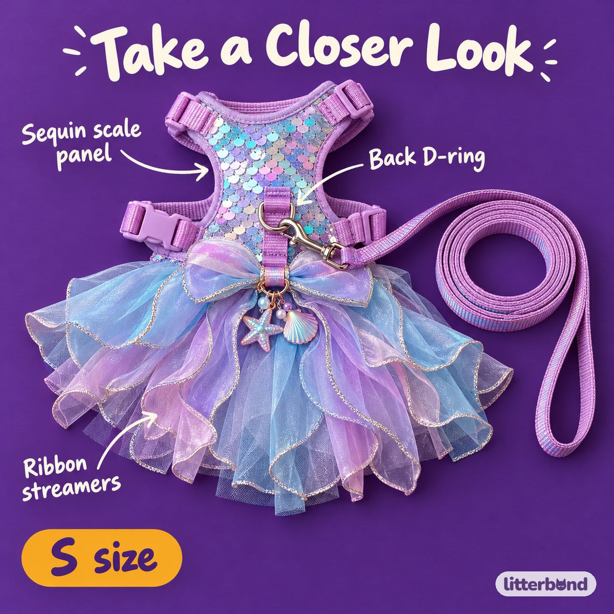 Pastel Mermaid Harness for Walks - close-up details